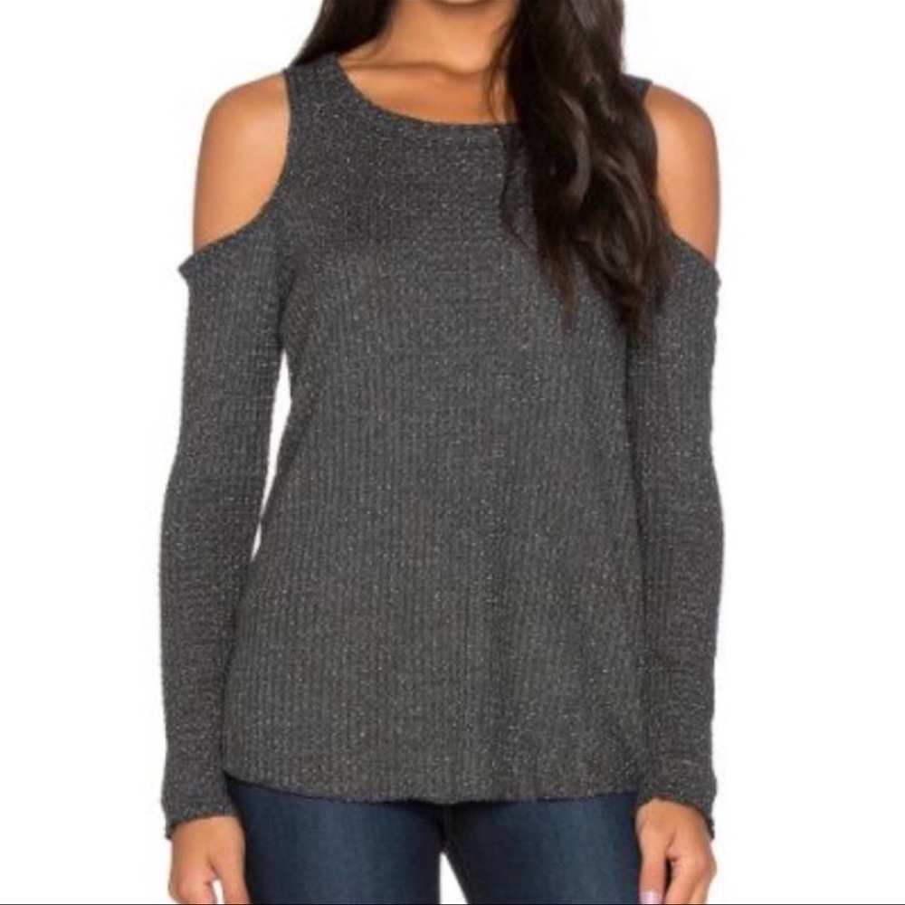 Chaser Metallic Waffle Knit Cutout Cold Shoulder Thermal Silver Y2K Halloween
